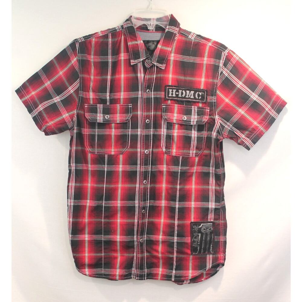 Harley-Davidson Shirt Mens size L Red Plaid H-DMC Patch Snap Up Biker Punk Y2K
